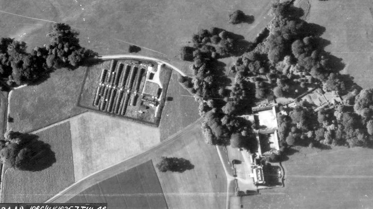 Enlarged aerial image from 1946 showing the Nissen huts at Dinefwr